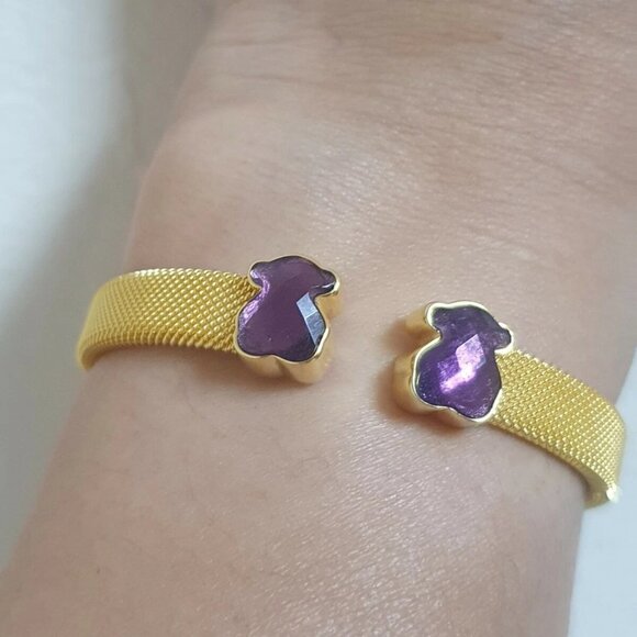 Tous Gold-Colored IP Steel Mesh Cuff Bracelet With Amethyst - Picture 2 of 8